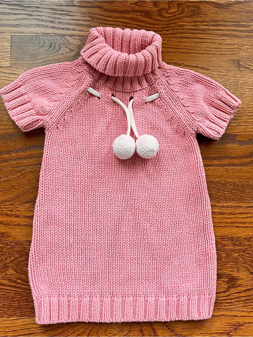fresh Pink Knit Turtleneck Dress with White Pom Pom Tie